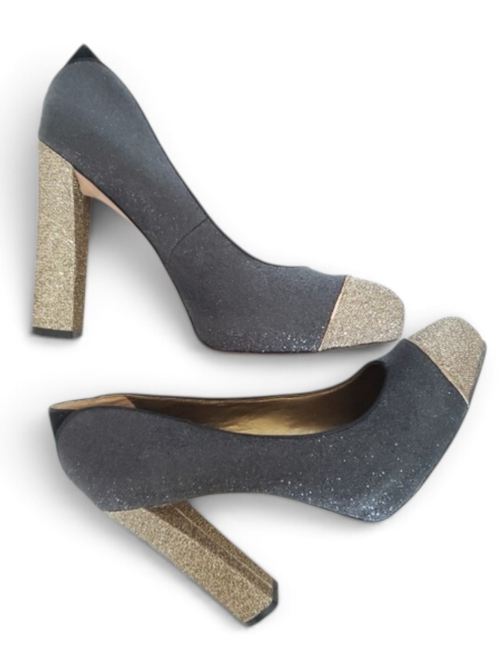 SAM EDELMAN Frances Black Gold Glitter Block Heels